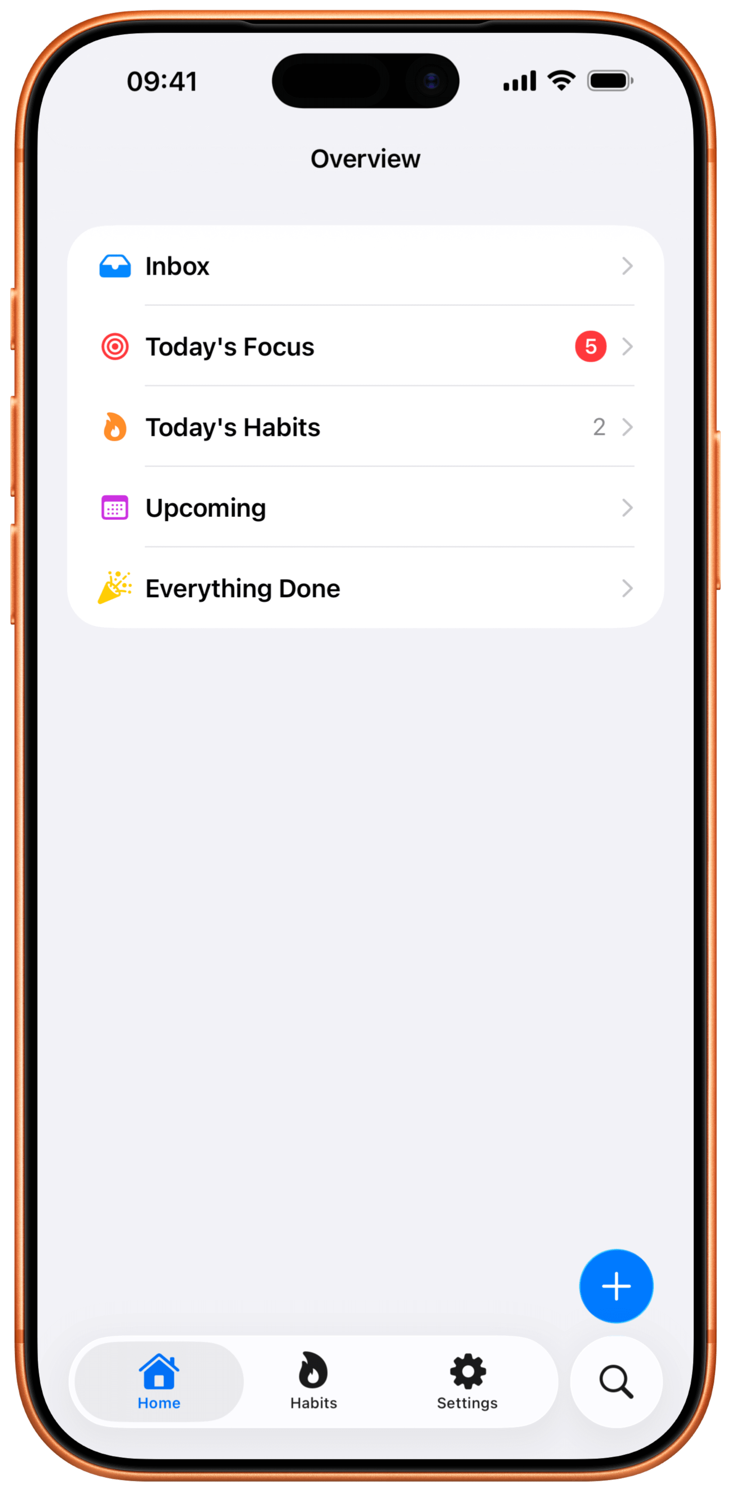 Avanti overview screen showing inbox, today focus, habits, and upcoming tasks