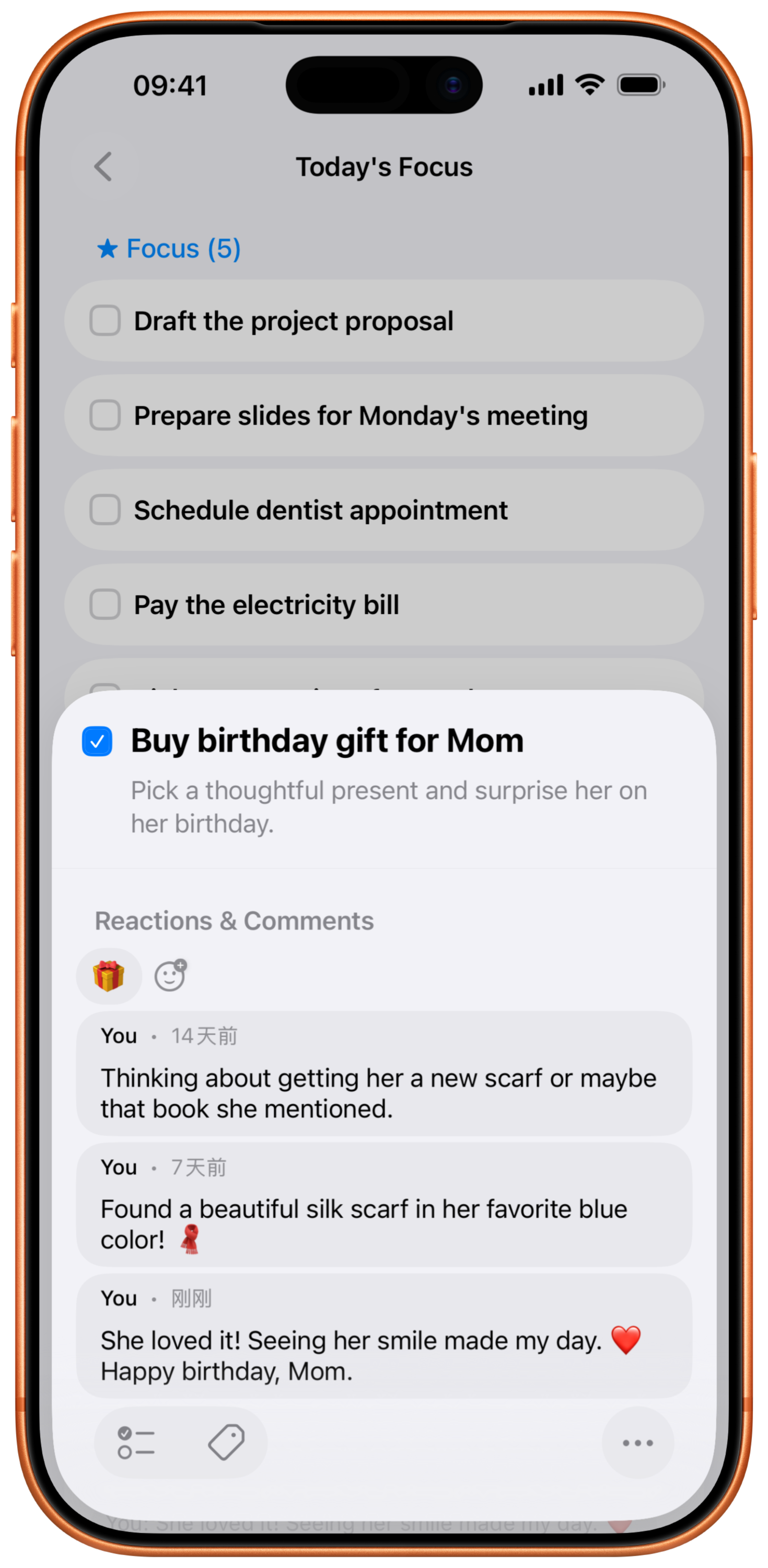 Task detail screen showing comments and journey recording