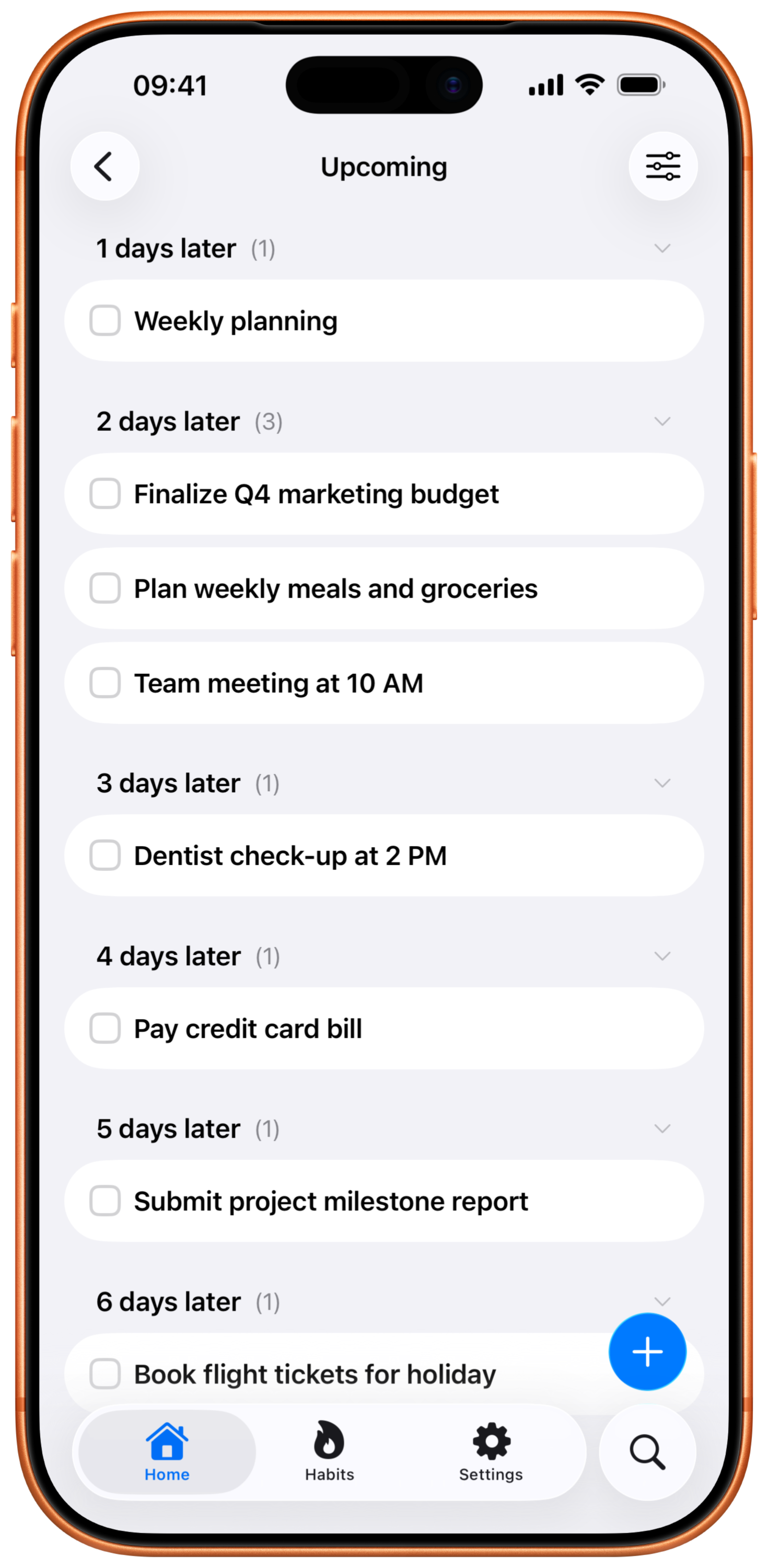 Upcoming tasks screen illustrating future planning