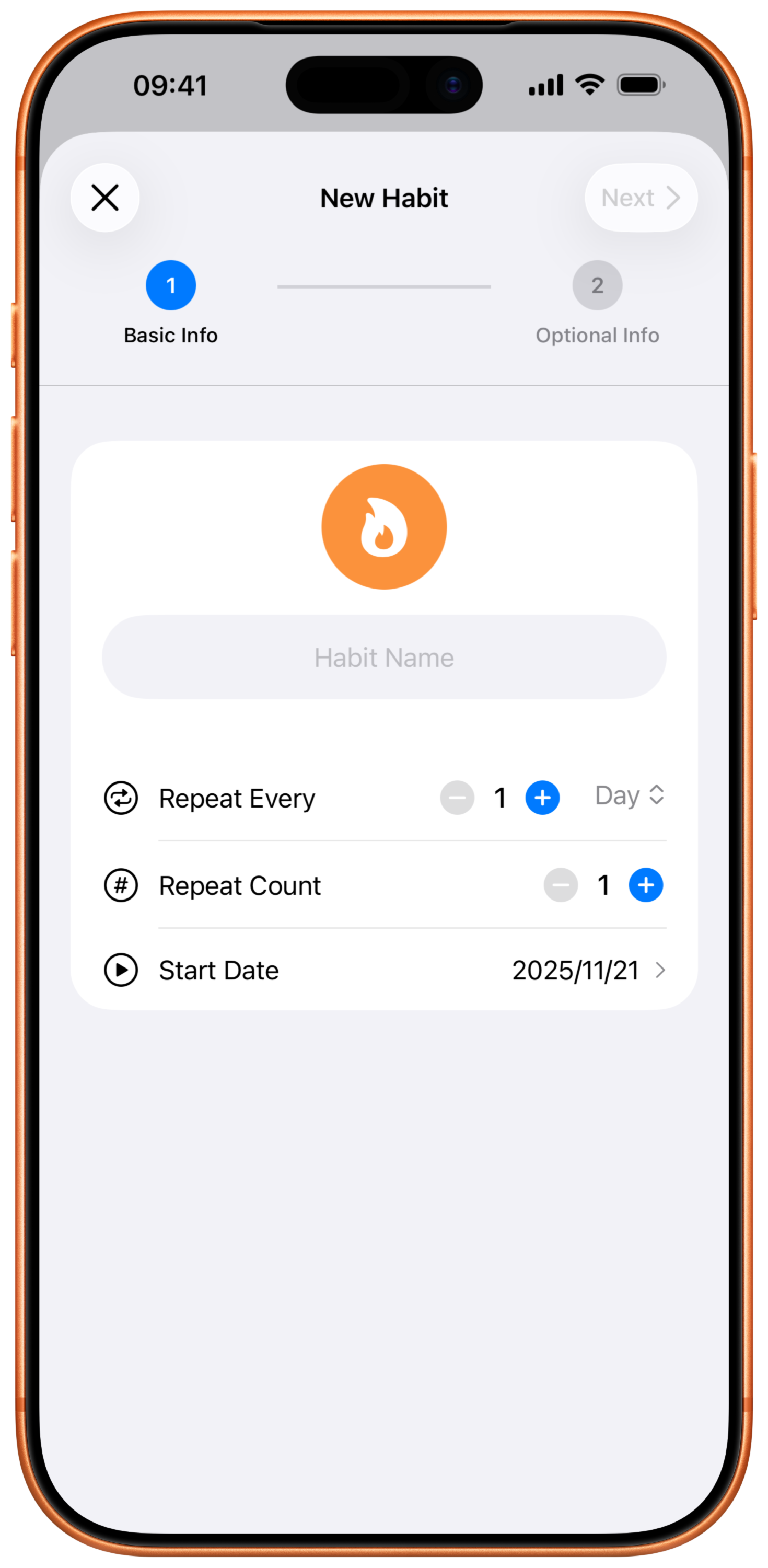 Create new habit screen guiding you through setup